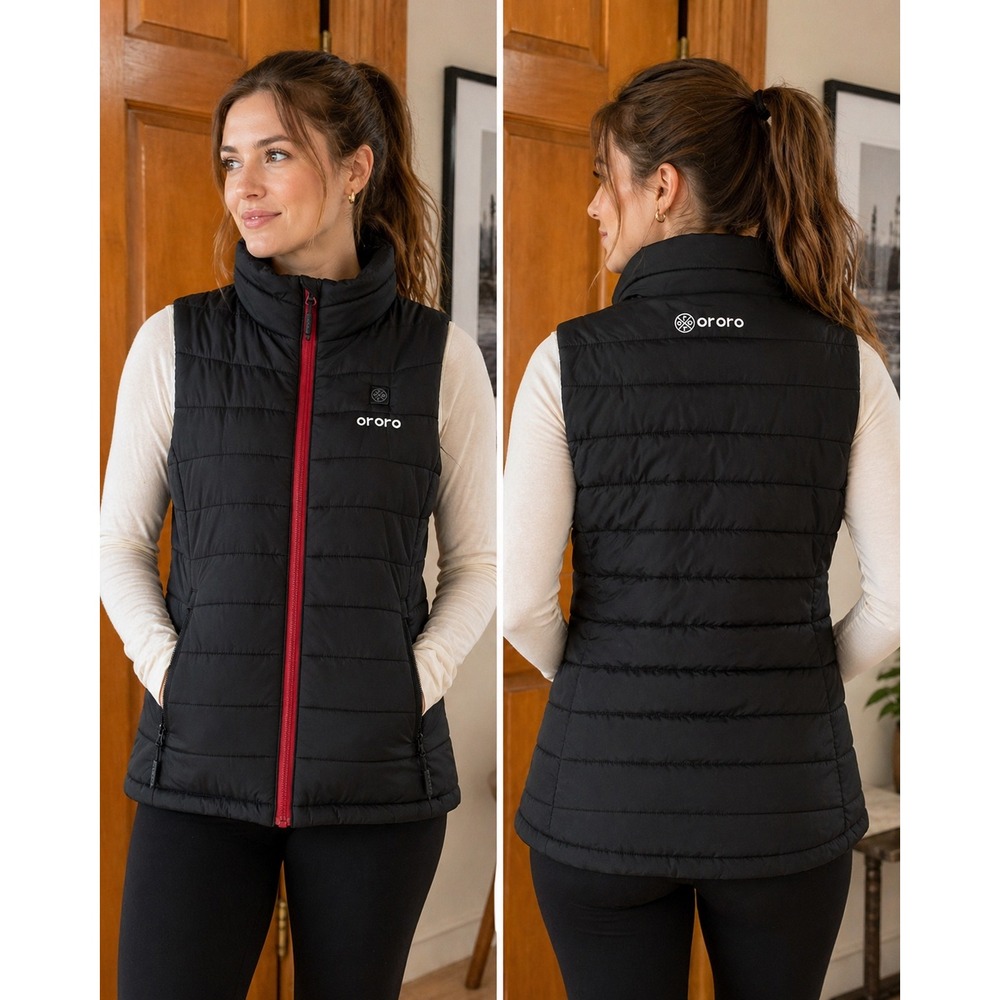 ORORO Heated Vest women's Medium Black Red Zip Puffer Battery Compatible Outdoor